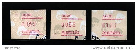 AUSTRALIA - 1988  FRAMAS  POSSUM   POSTCODE   3000 (MELBOURNE)   BUTTON SET (39c.-55c.-$1)  FINE USED - Timbres De Distributeurs [ATM]