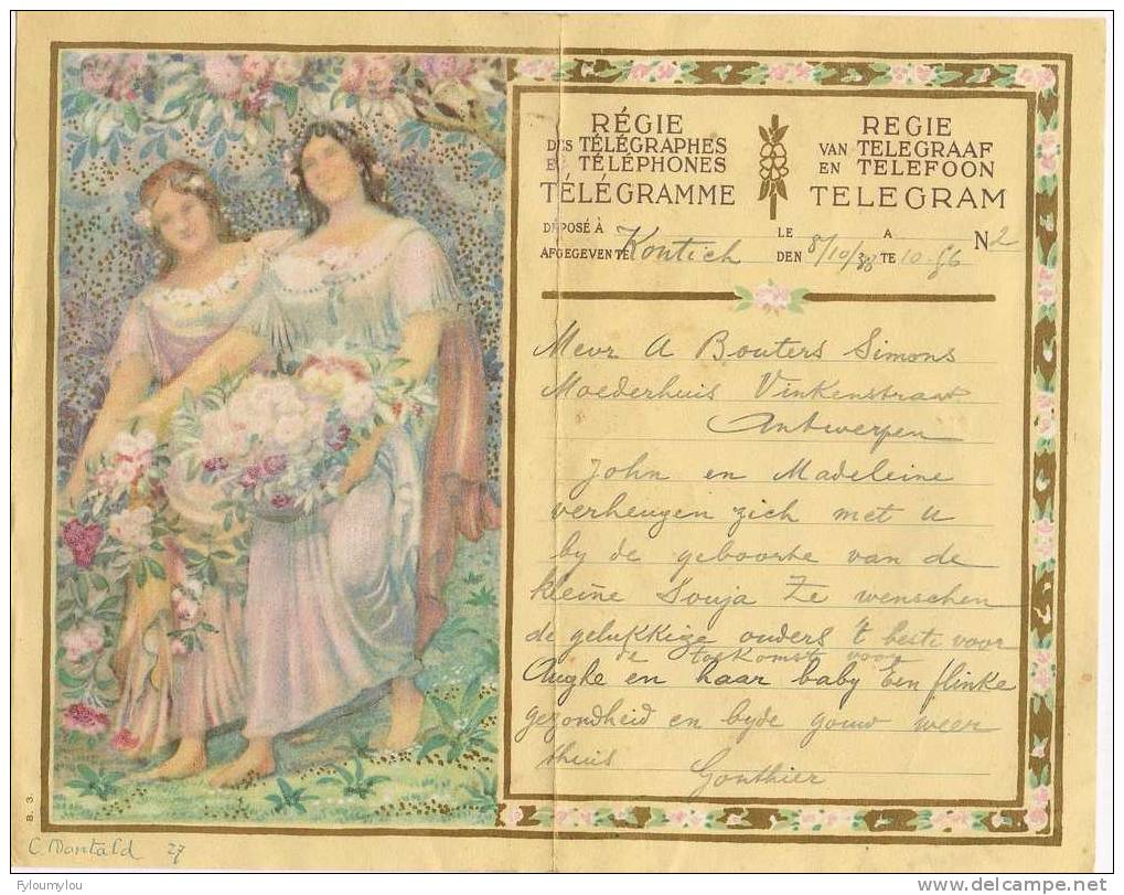 Télégramme "Régie Des Télégraphes Et Téléphones" Belge - 1938 - Reproduction Dessin *femmes Avec Fleurs" De C. Montald - Otros & Sin Clasificación