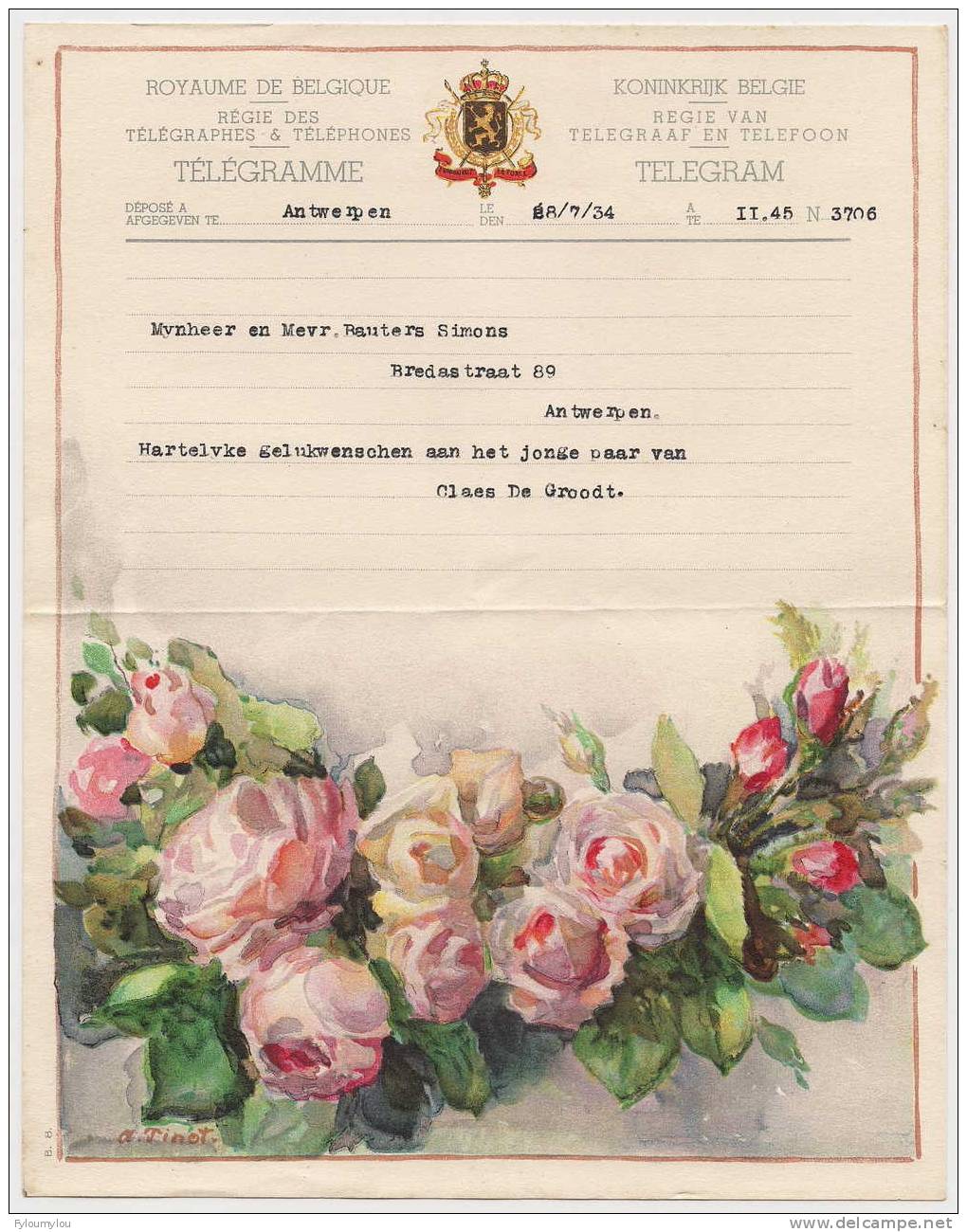 Télégramme Royaume De Belgique Déposé à Antwerpen - 28.07.1934 - Reproduction "fleurs" De A. Tinot - Sonstige & Ohne Zuordnung