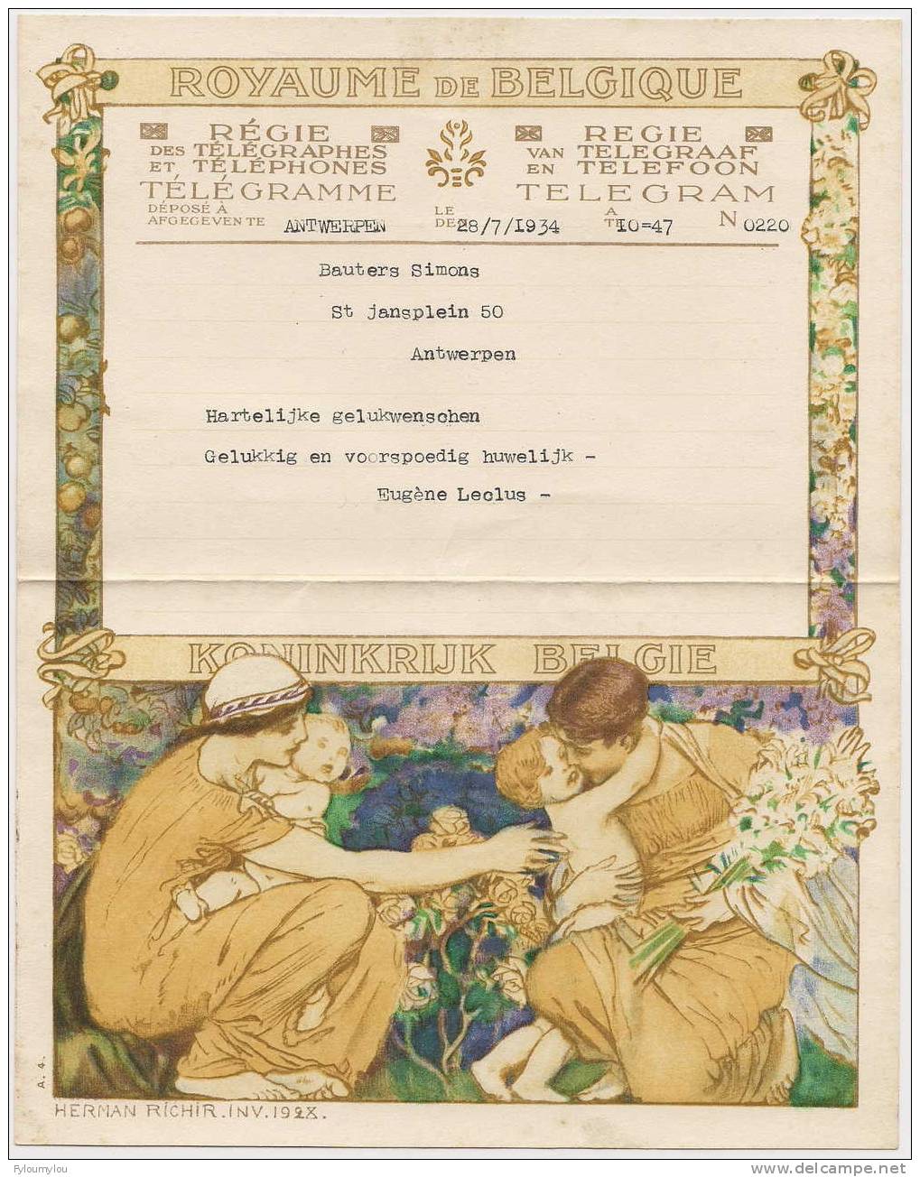 Télégramme Royaume De Belgique Déposé à Antwerpen - 28.07.1934 - Reproduction "femmes Et Enfants" De Hermann Richir - Altri & Non Classificati