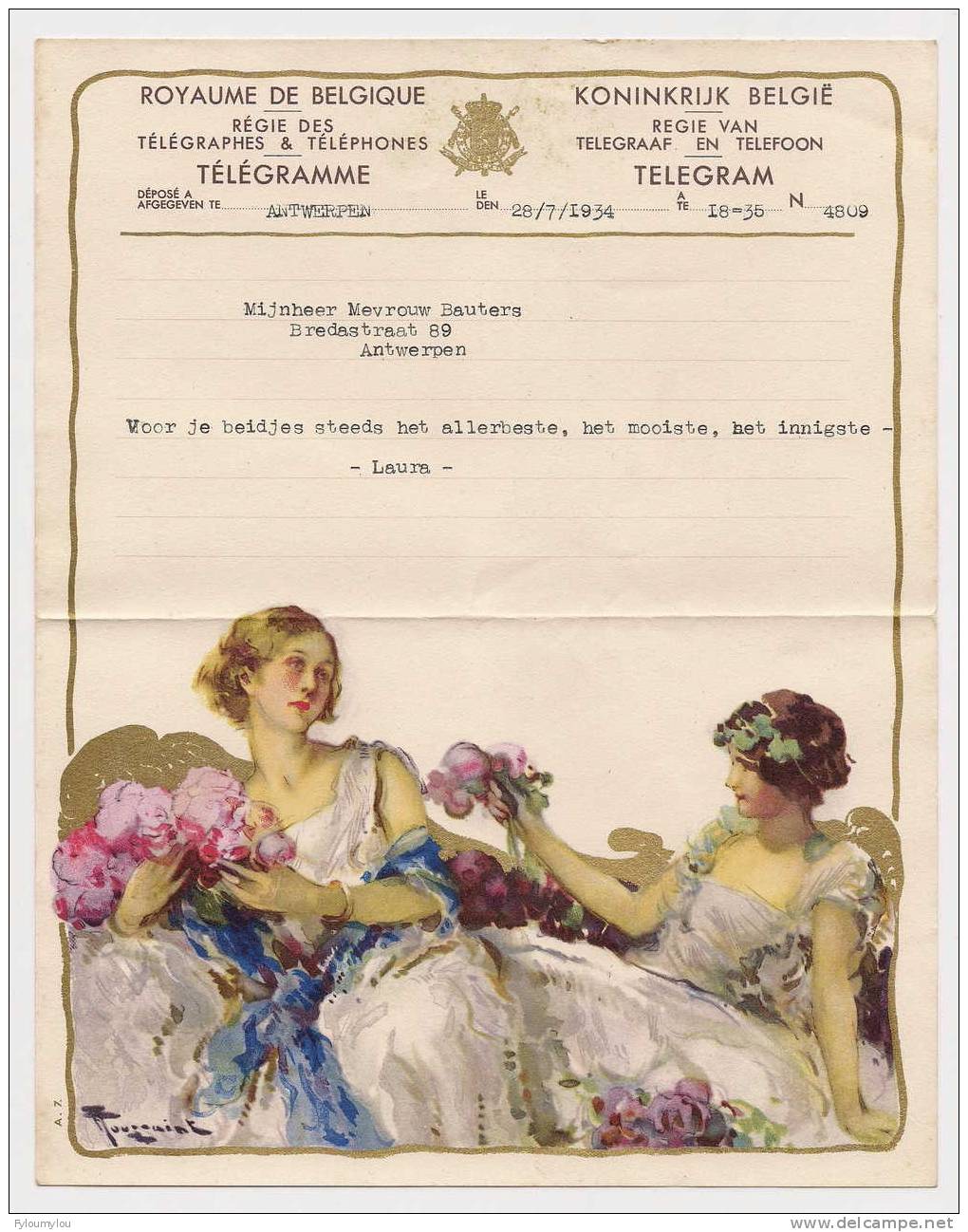 Télégramme Royaume De Belgique Déposé à  Antwerpen - 28.07.1934 - Reproduction "femmes A/fleurs" - Altri & Non Classificati