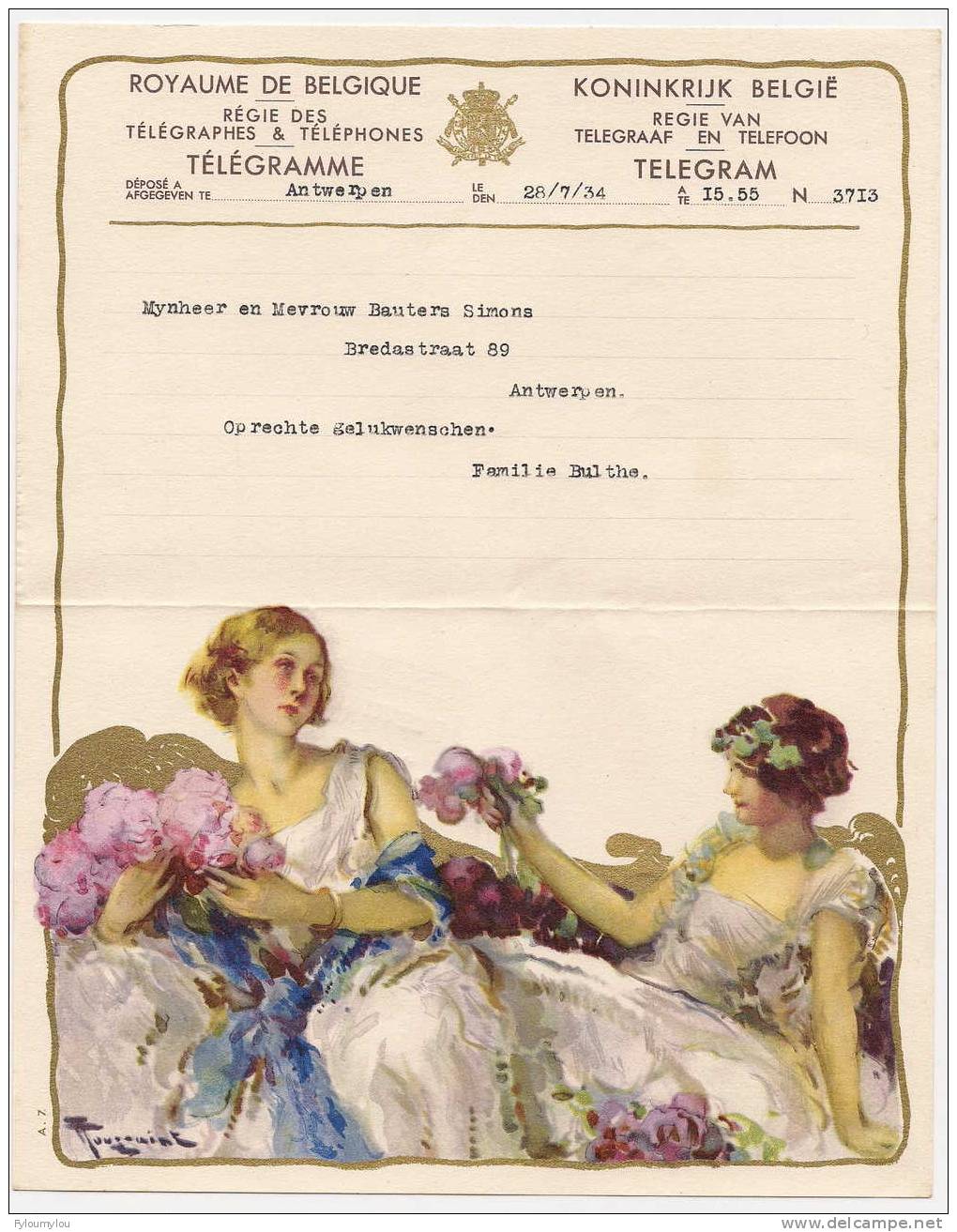 Télégramme Royaume De Belgique Déposé à  Antwerpen - 28.07.1934 - Reproduction "femmes A/fleurs" - Other & Unclassified