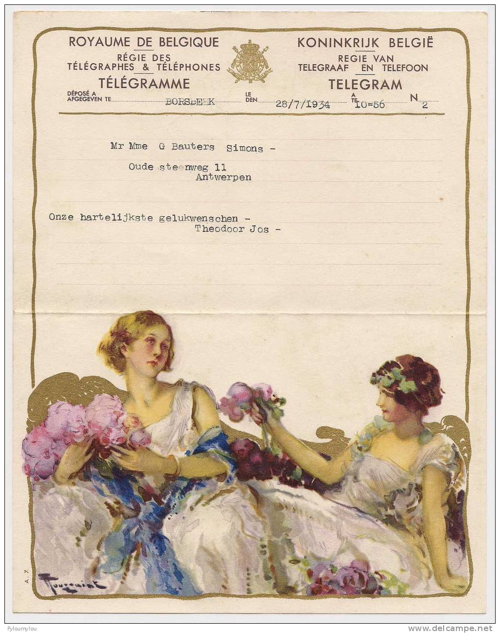 Télégramme Royaume De Belgique Déposé à Borsbeek - 28.07.1934 - Reproduction "femmes A/fleurs" - Otros & Sin Clasificación