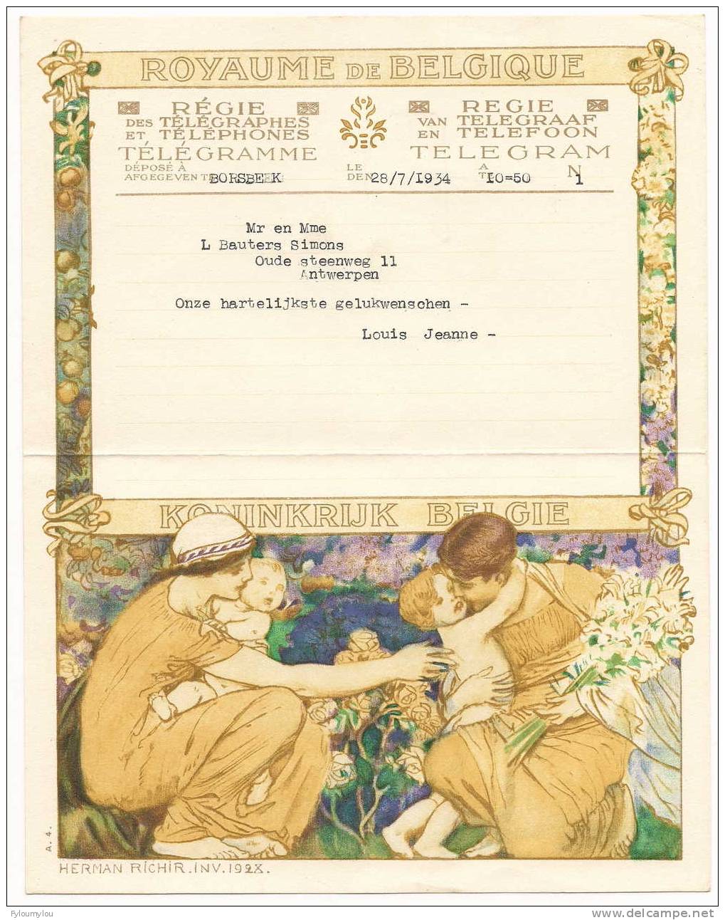 Télégramme Royaume De Belgique Déposé à Borsbeek - 28.07.1934 - Reproduction "femmes A/fleurs" - Otros & Sin Clasificación