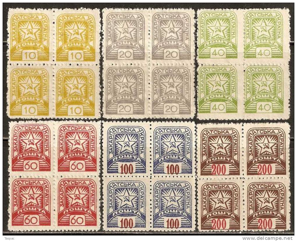 Carpatho-Ukraine 1945 Mi# 81-86 ** MNH - Blocks Of 4 - Ukraine Sub-Carpathique