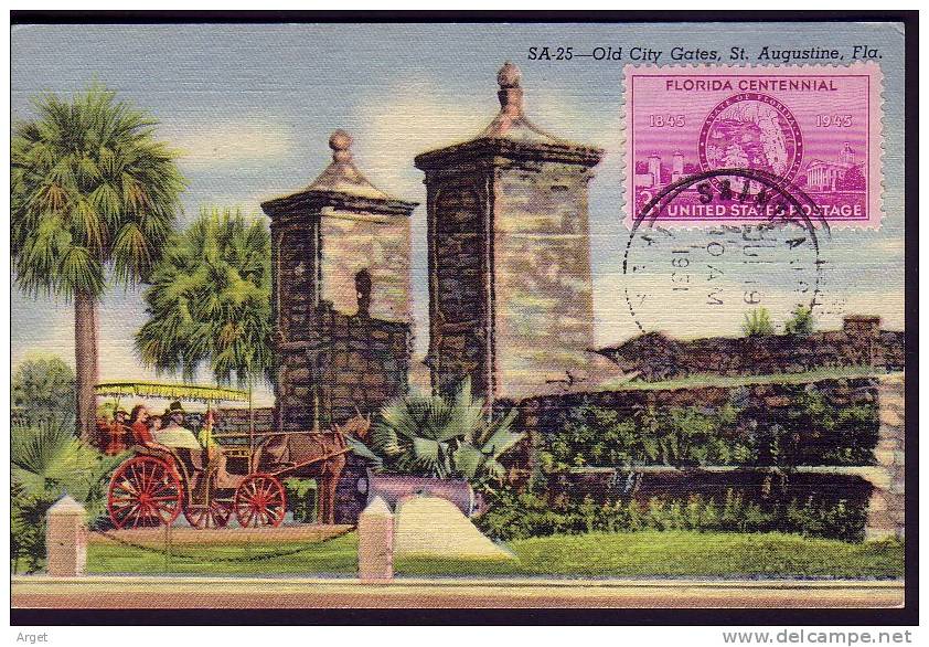 CARTE-MAXIMUM ETATS-UNIS. N° Yvert  478 (Old City Gates ST Augustine) Obl Saint Augustine 19.7.51   RRR - Cartes-Maximum (CM)