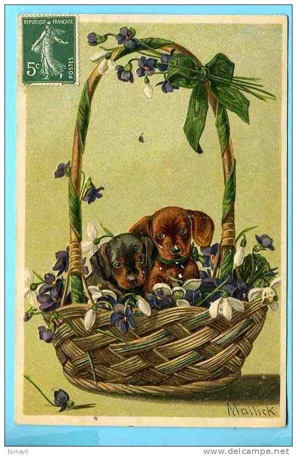 B - ILLUSTRATEUR - MAILICK Alfred - Avant 1903 - Carte Gaufrée - CHIEN - FLEUR - PANIER - Mailick, Alfred