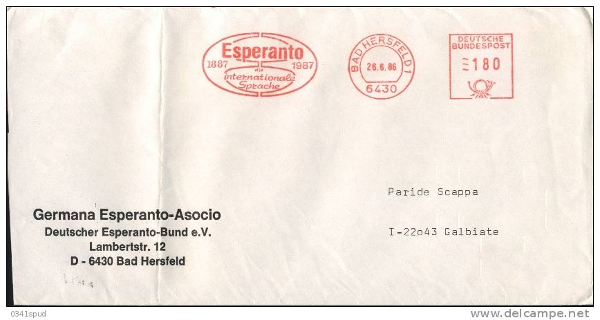 1987 Allemagne EMA Metercancel  100 Ans  Esperanto  Sur Enveloppe - Esperanto