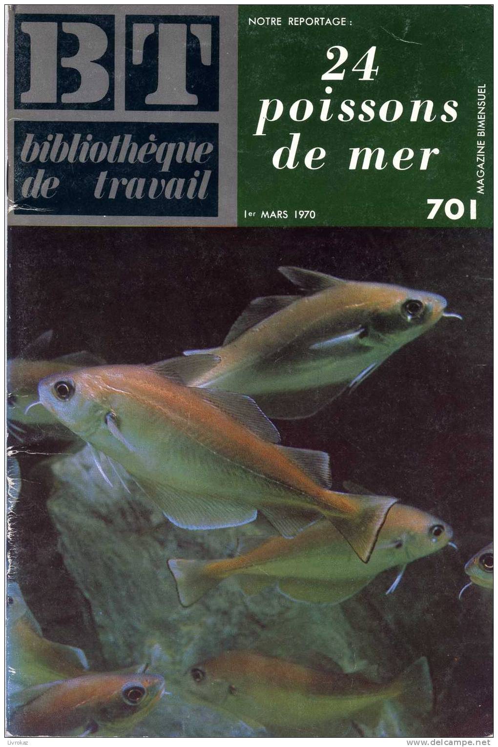 BT N°701 (1970) : 24 Poissons De Mer. Bibliothèque De Travail. Freinet. Congre, Merlu, Merlan, Lotte, Grondin, Bar, Raie - Dieren