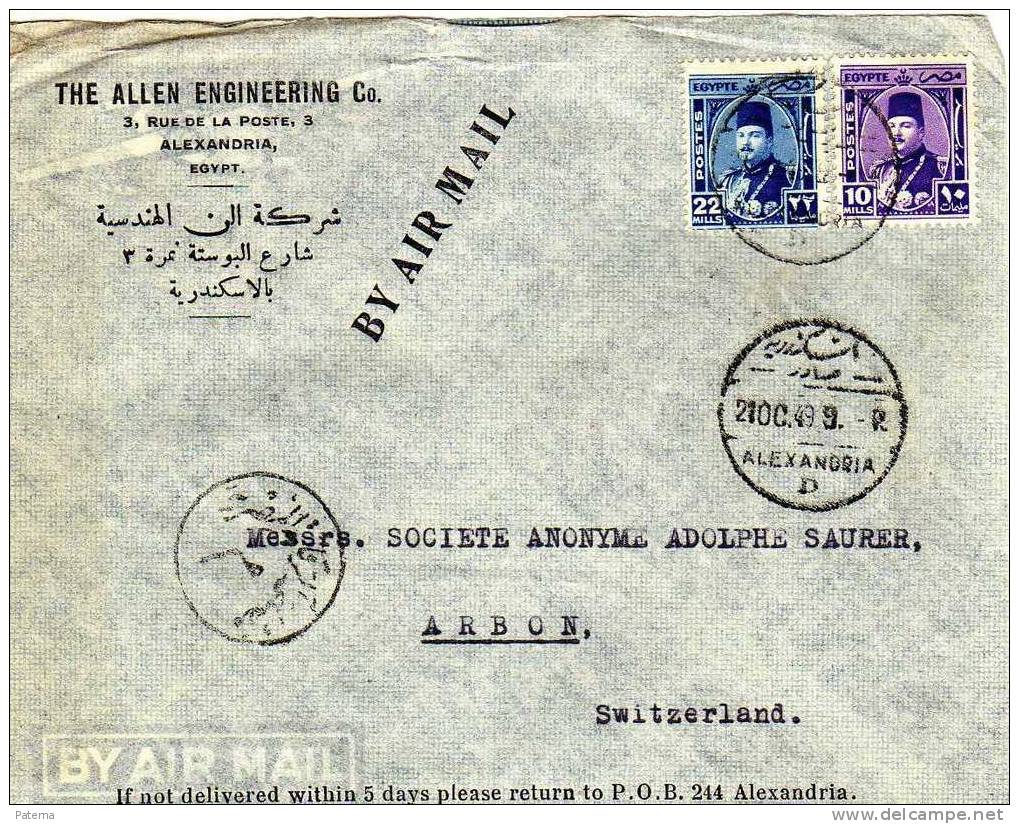 Carta,  , Aérea , ALEJANDRIA, ( Egipto) 1949 ALEXANDRIA , Censura  , Cover, Lettre - Other & Unclassified