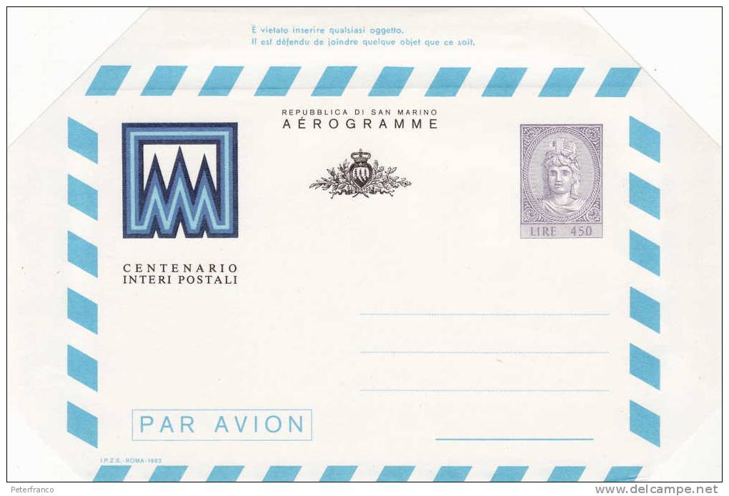 1982 San Marino -  Aerogramma "Centenario Interi Postali" - Entiers Postaux