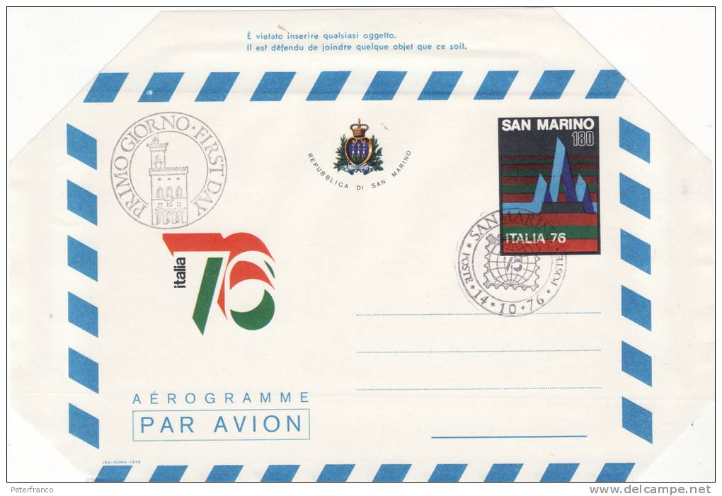 1976 San Marino - Aerogramma FDC Italia ´76 - Postal Stationery