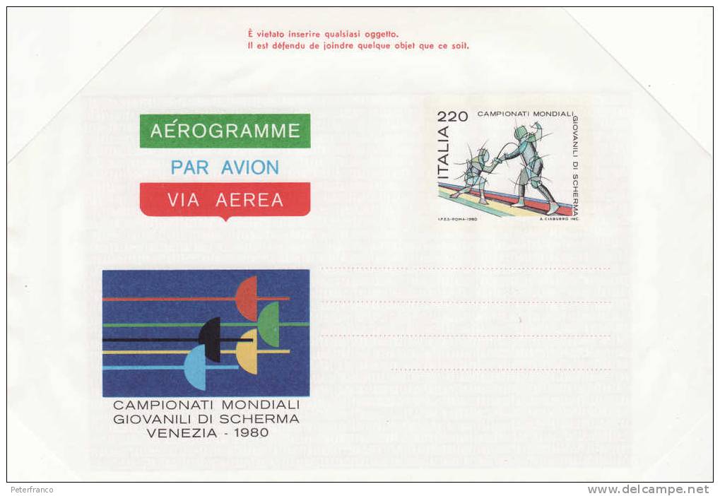 1980 Italia - Aerogramma - Campionati Mondiali Giovanili A Venezia - Fencing