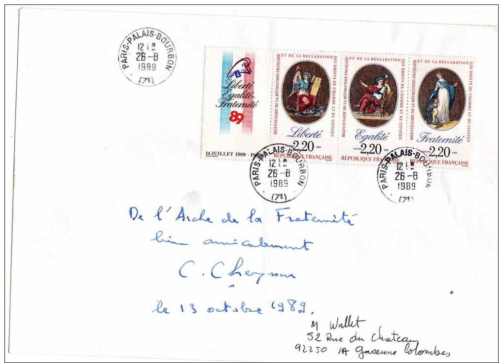 Enveloppe Signée Par Claude Cheysson Le 13/10/1989, Triptyque N°2576 Cachet Palais Bourbon 26/8/1989 - Documentos Del Correo