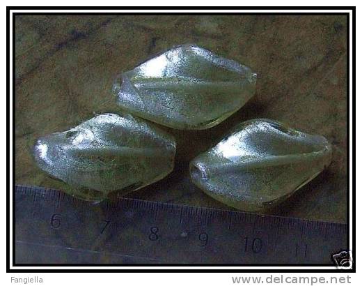 3 Perles Artis. Verre Sur Feuille D'argent Env.29x18mm - Perles