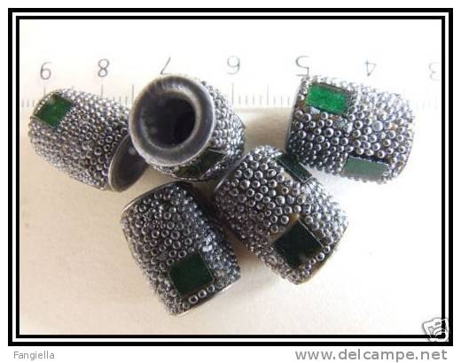 5 Perles Indiennes Gris Vert Gros Trou Env. 16x11mm - Perles