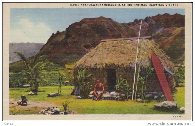 David Kaapuawaokamehameha Hawaiian Village, Surf Board, Native Hawaii On 1934 Curteich Linen Postcard - Hawaï