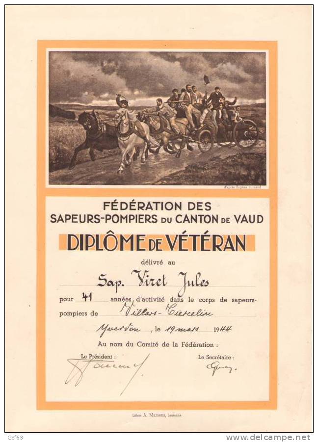 1944 ° Fédération Des Sapeurs-Pompiers Du Canton De Vaud ° Diplôme De Vétéran - Brandweer