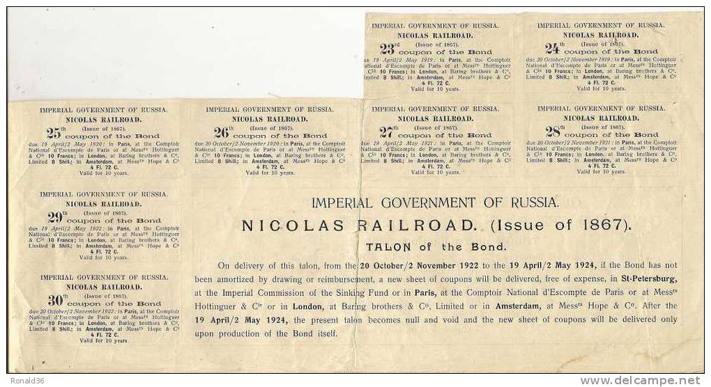 Action Chemin De Fer NICOLAS RAILROAD Russe Gouvernement IMPERIAL DE RUSSIE II ( St Petersburg , Amsterdam , London .... - Railway & Tramway