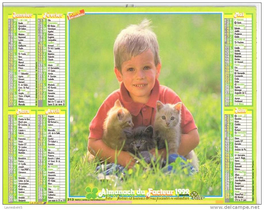 CALENDRIER ALMANACH DU FACTEUR . ANNEE 1992 - Oller 313 - Photo Zefa France Et C . Bayer/La Phototheque S.D.P - Big : 1991-00