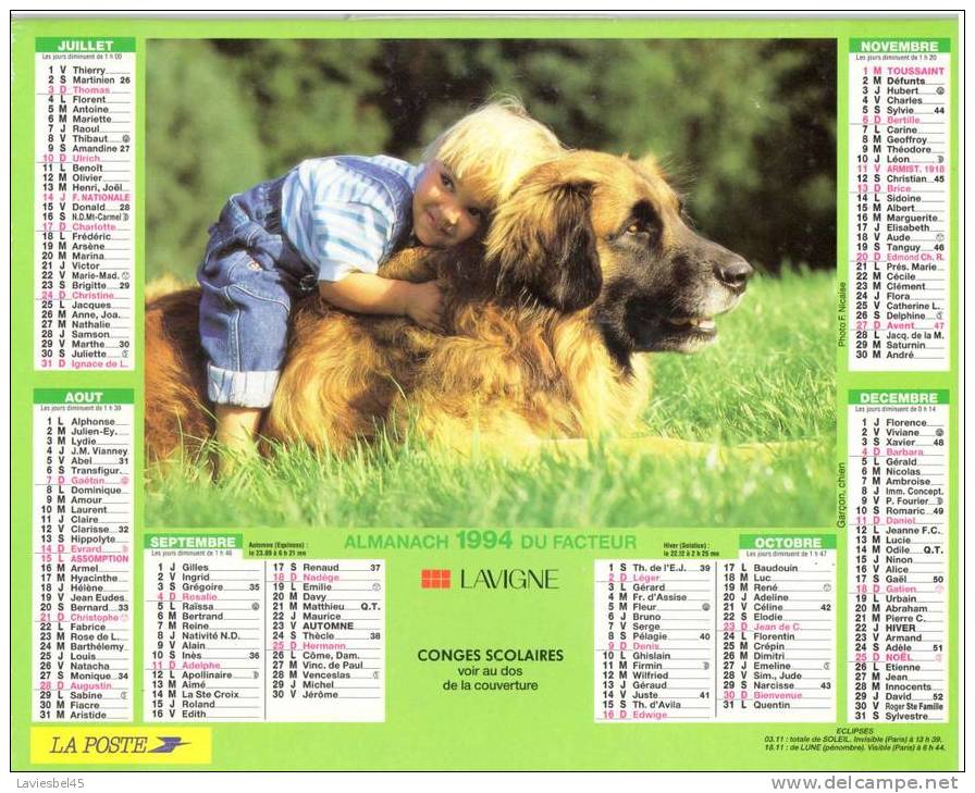 CALENDRIER  ALMANACH DU FACTEUR . ANNEE 1994 - Lavigne  -Photos Zintzmeyer/Jerrican  Et F. Nicaise - Grand Format : 1991-00