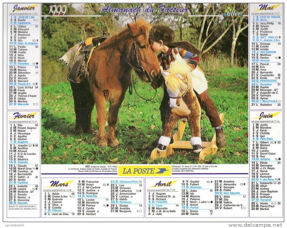 CALENDRIER ALMANACH DU FACTEUR . ANNEE 1999 - Oller N° 403 - - Grossformat : 1991-00