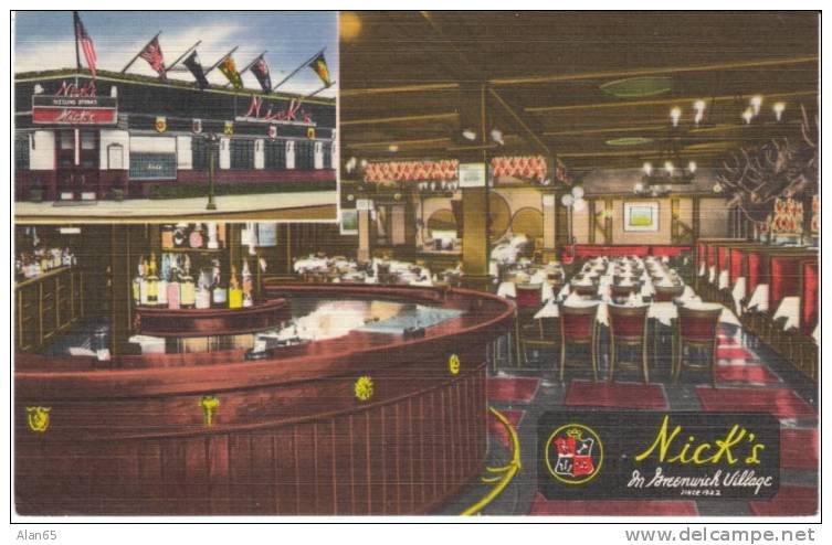 Nick´s In Greenwich Village, Interior Exterior Restaurant Bar, New York City On C.1950s Vintage Linen Postcard - Wirtschaften, Hotels & Restaurants