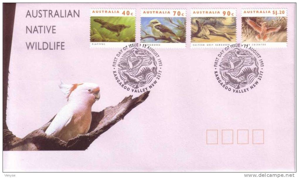 FDC AUSTRALIAN NATIVE WILDLIFE Cacatoes, Ornithorynque, Kangourou... - Perroquets & Tropicaux