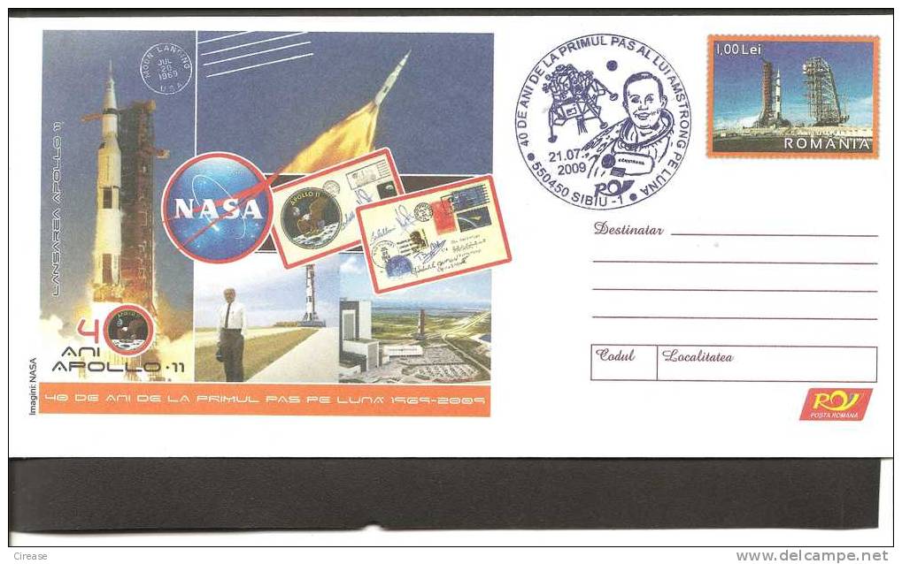 ROMANIA  Cover Cod 030 / 2009 APOLLO 11 Obliteration Concordance - Sonstige (Luft)