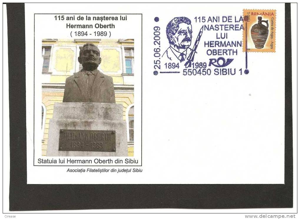 ROMANIA  Cover 2009 HERMANN OBERTH Mission, Space,rocket Obliteration Concordance Sibiu - Other & Unclassified