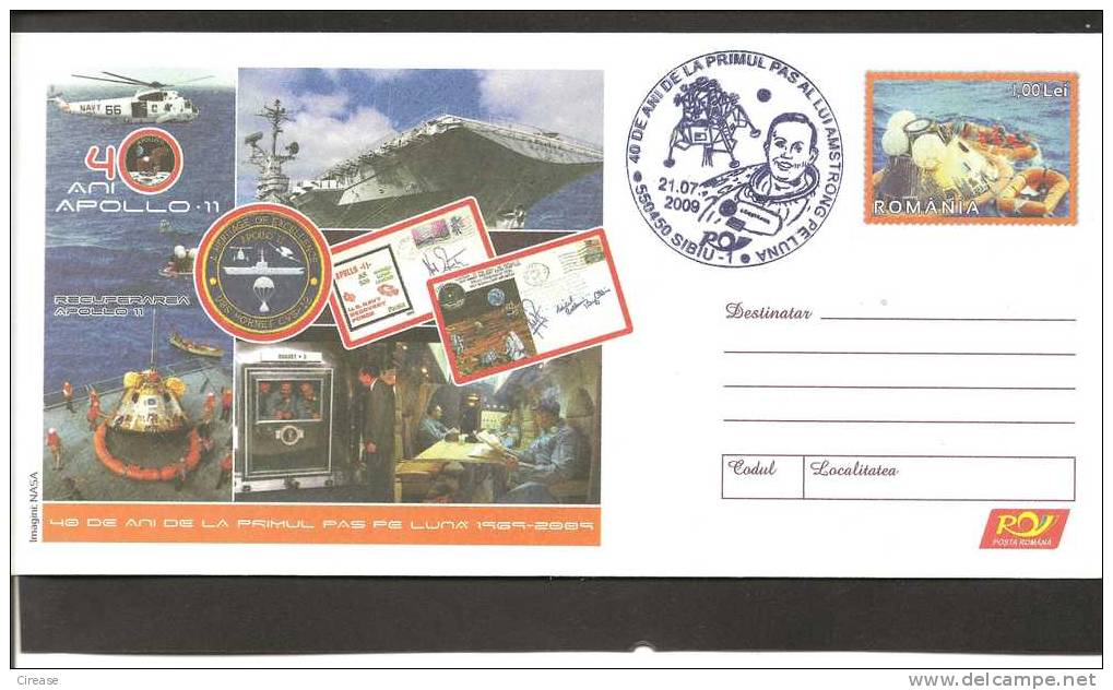 ROMANIA  Cover Cod 029 / 2009 APOLLO 11 Obliteration Concordance - Sonstige (Luft)