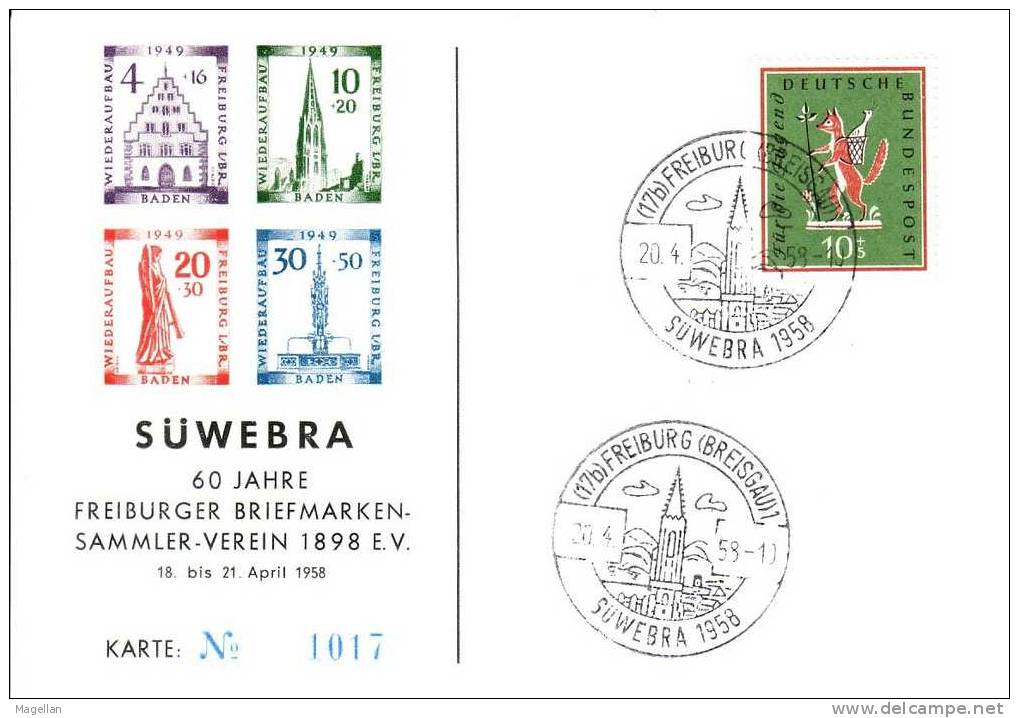 Allemagne - Mi N° 286 Sur Carte Souvenir Expo SÜWEBRA 1958 - Freiburg - Renard - Lettres & Documents