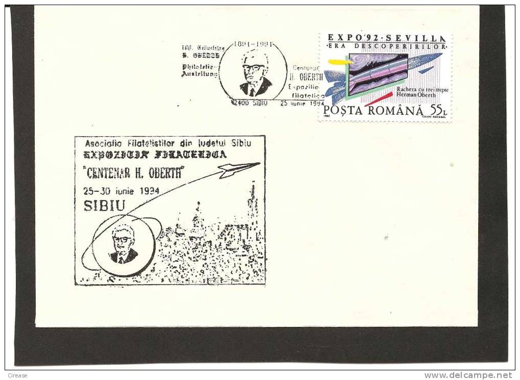 ROMANIA  Cover 1994 HERMANN OBERTH Mission, Space,rocket Obliteration Concordance Sibiu - Andere & Zonder Classificatie