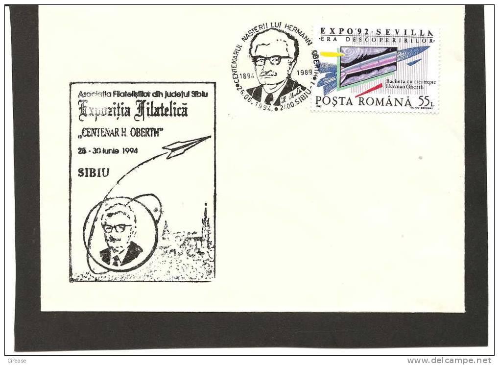 ROMANIA  Cover 1994 HERMANN OBERTH Mission, Space,rocket Obliteration Concordance Sibiu - Other & Unclassified