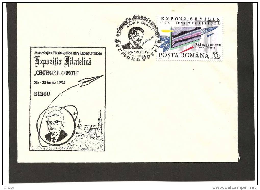 ROMANIA  Cover 1994 HERMANN OBERTH Mission, Space,rocket Obliteration Concordance Sibiu - Other & Unclassified