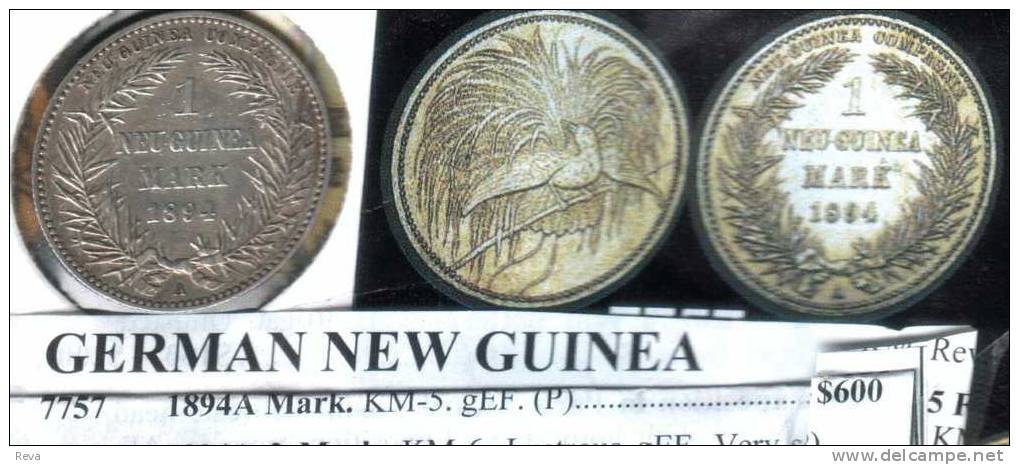 GERMAN NEW GUINEA 1 MARK WREATH FRONT  BIRD OF PARADISE BACK 1894A VERY SCARCE !! VF KM5 READ DESCRIPTION CAREFULLY !!! - German New Guinea