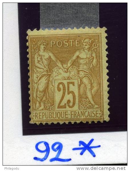 92*   25c Paix Et Commerce  Neuf Avec Charnière      Cote 500 E - 1876-1898 Sage (Tipo II)