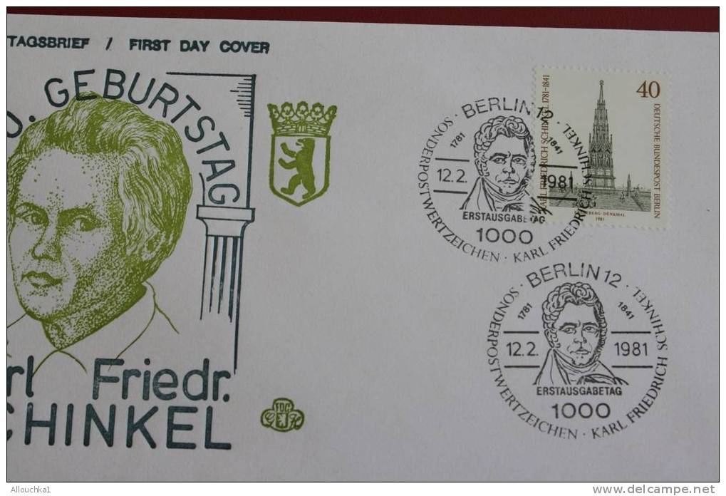 200 GEBURTSTAG KARL FRIED. SCHINKEL  BERLIN ERSTTAGSBRIEFE FIRST DAY COVER 1ER JOUR DEUTSCHEBUNDESPOST ALLEMAGNE 1981 - Other & Unclassified