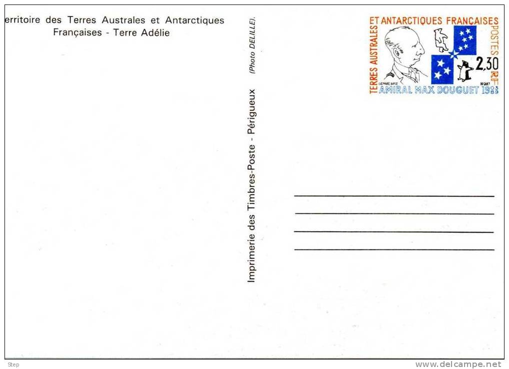 PAP CARTE POSTALE  TERRES AUSTRALES ET ANTARCTIQUES FRANCAISES : TERRE ADELIE Timbre "Amiral DOUGUET" - Postal Stationery