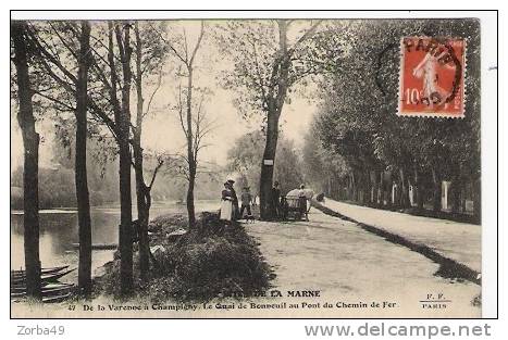 Quai De Bonneuil Au Pont Du Chemin De Fer Animée 1913 - Bonneuil Sur Marne