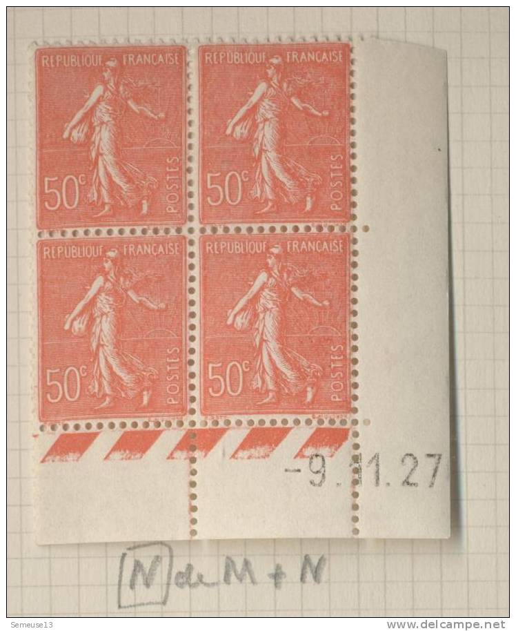 Semeuse Lignée 50 C. Rouge En Bloc De 4 Coin Daté Du 9.11.27 - 1903-60 Säerin, Untergrund Schraffiert