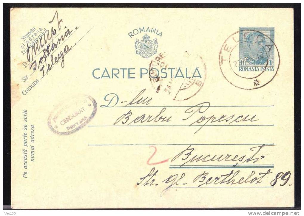 Censored DOFTANA JAIL Very Rare RRR Oval Blue Cancell On PC From Telega To Bucharest 1940 !!! - Cartas De La Segunda Guerra Mundial