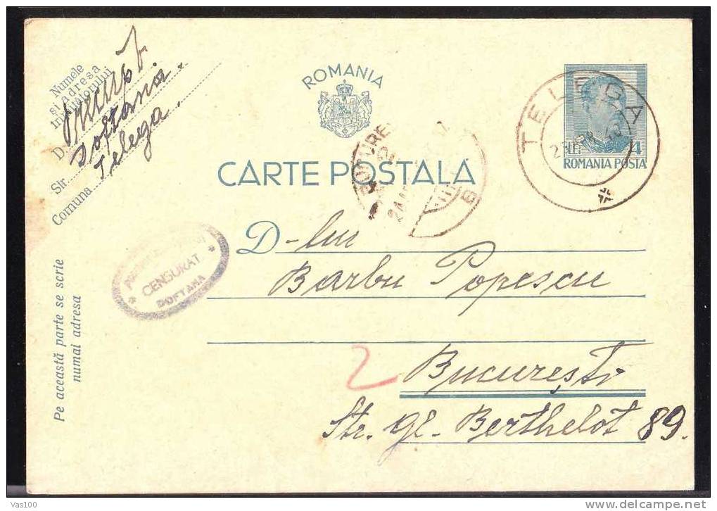 Censored DOFTANA JAIL Very Rare RRR Oval Blue Cancell On PC From Telega To Bucharest 1940 !!! - 2de Wereldoorlog (Brieven)