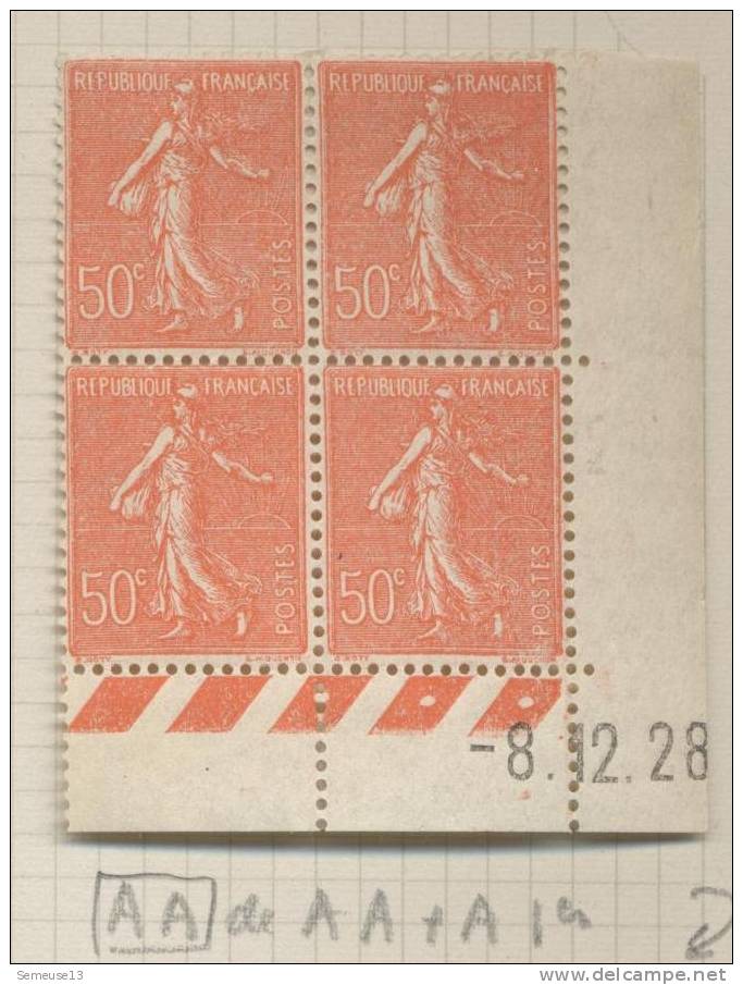 Semeuse Lignée 50 C. Rouge En PAIRE De 2 Blocs De 4 Coin Daté Du 8.12.28 - 1903-60 Semeuse Lignée