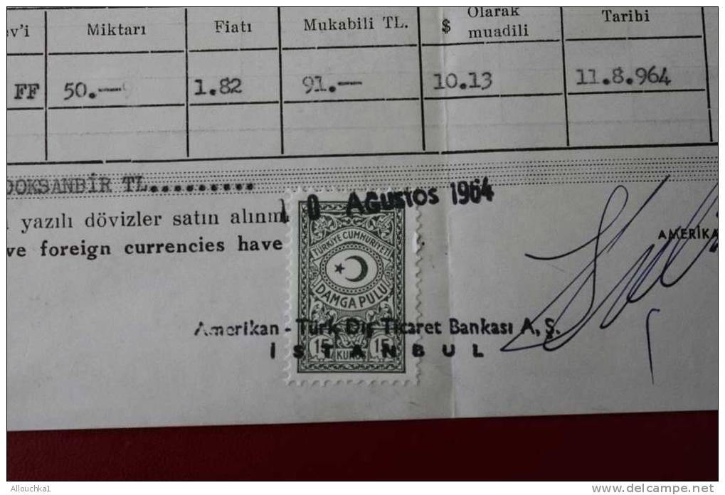 10-8-1964-TICKET EMBARQUEMENT-TICARET BANKASI A.S.-AMERICAN-TURK-TURIST LERE MAHSUS DOVIZ ALIM BORDROSOU + TIMBRE FISCAL - World