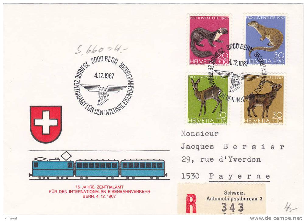 Lettre Recommandée Avec Affranchissement Pro-Juventute - 75 Jahre Zentralamt Für Den Internationalen Eisenbahnverkehr - Storia Postale