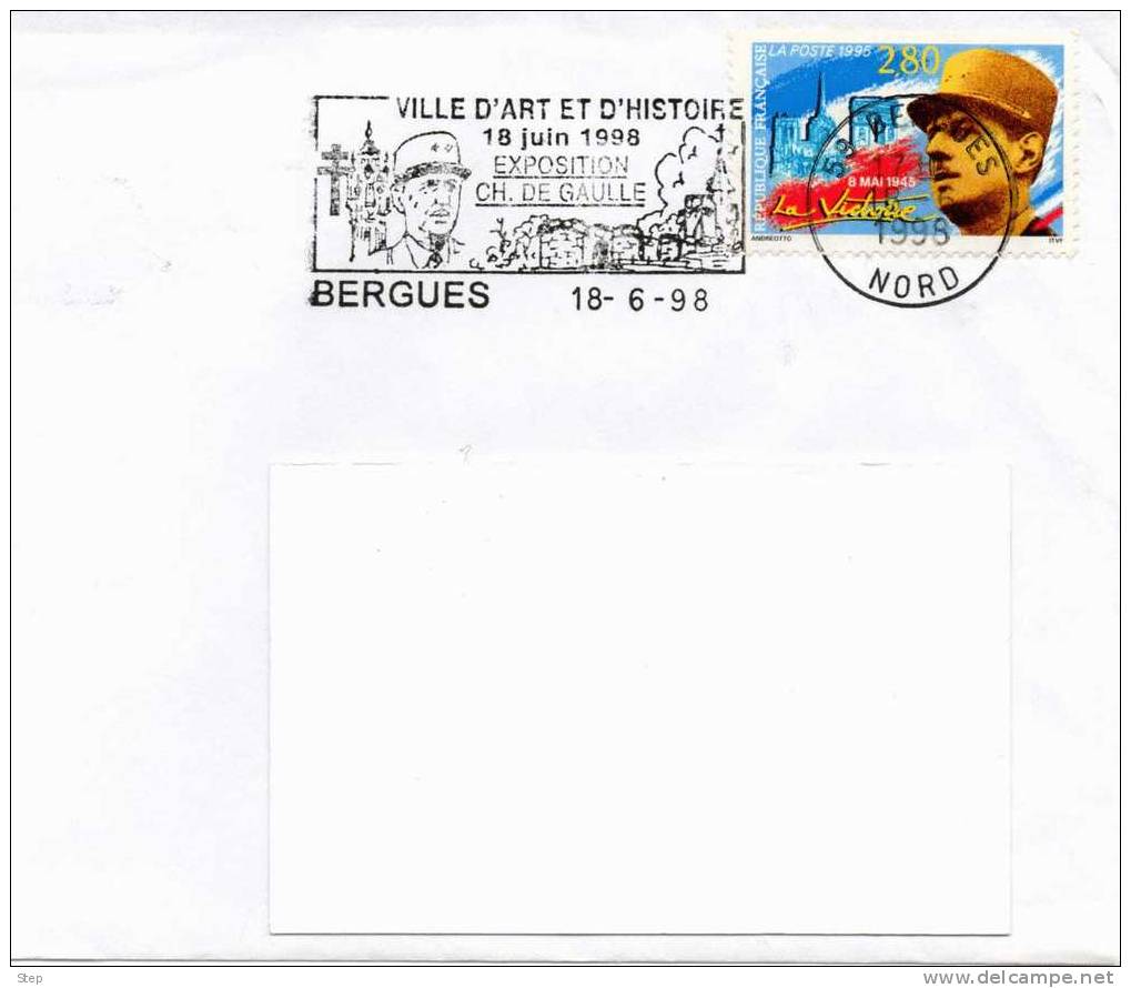BERGUES (NORD) : FLAMME 1998 GENERAL DE GAULLE Timbre CONCORDANT - De Gaulle (General)