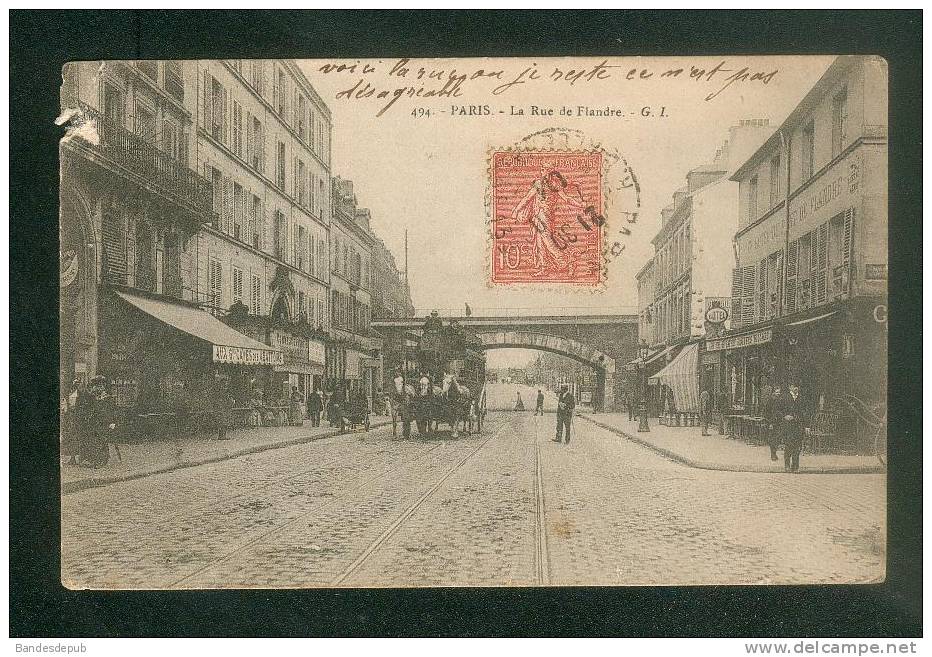 Paris 19è - Rue De Flandre ( Animée Omnibus à Chevaux Diligence G.I. 494 En L'état) - Paris (19)