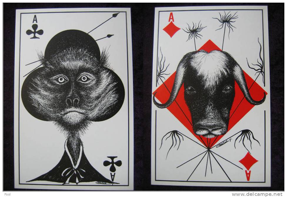 6 Playing Cards Animals Joker Ace ORIGINAL Print Dog Cat Chien Chat Singe Buffle Hibou Abeille - Spielkarten