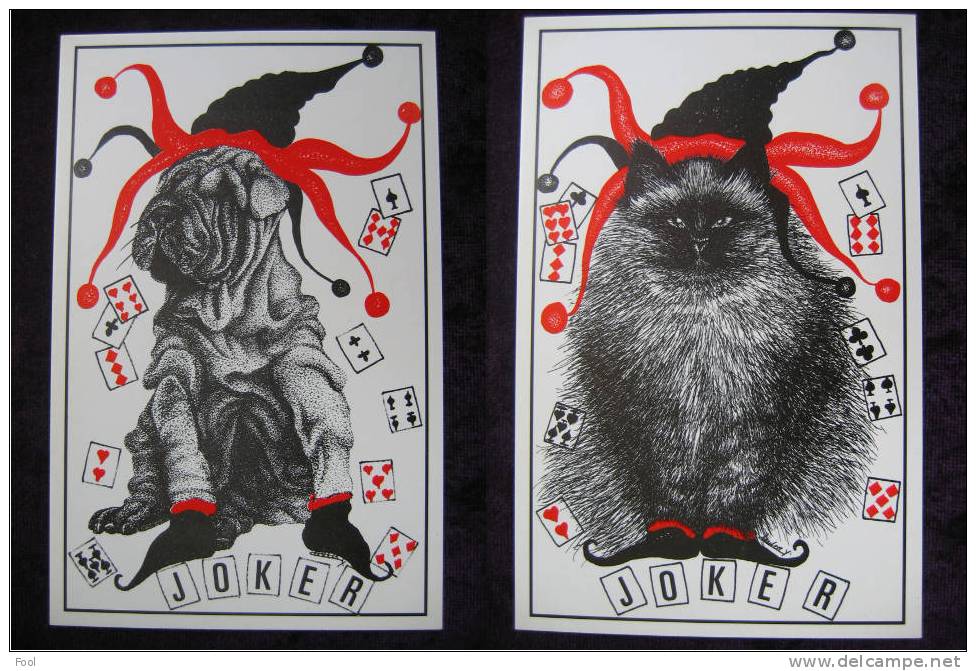 6 Playing Cards Animals Joker Ace ORIGINAL Print Dog Cat Chien Chat Singe Buffle Hibou Abeille - Cartas